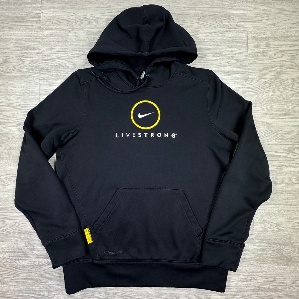 Nike Mens‎ Hoodie Livestrong Therma-FIT Pullover Black Medium Graphic Sweatshirt